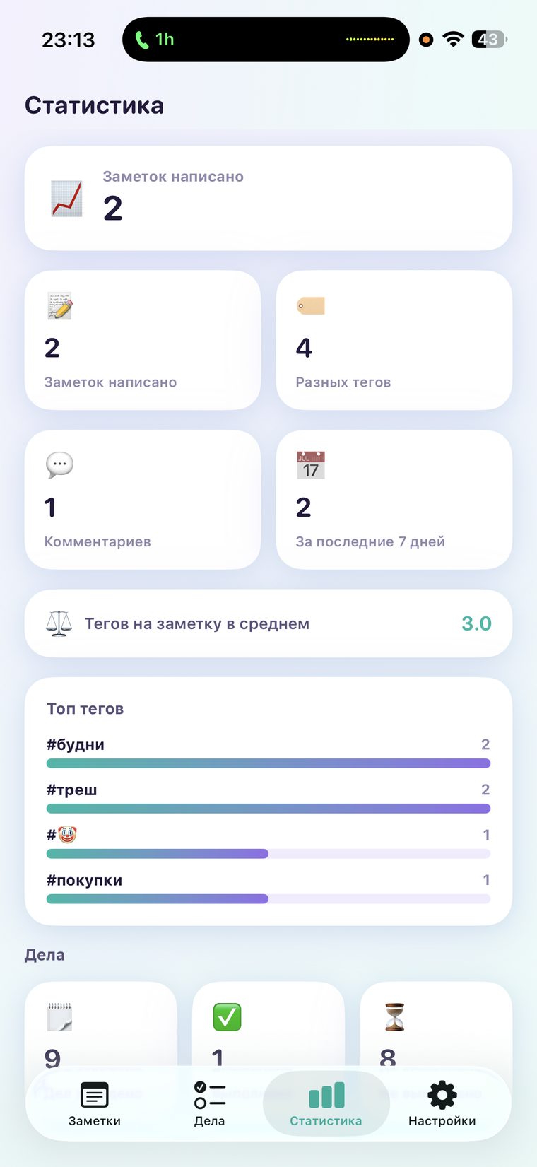 Экран статистики